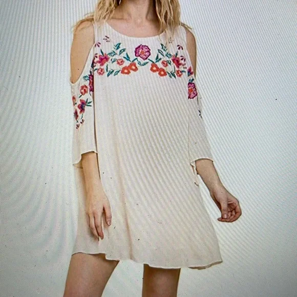 umgee white embroidered dress Umgee Ivory Grace Embroidered Jacquard Flutter Sleeve Dress
